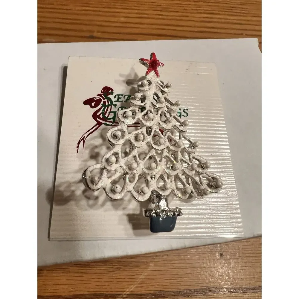 Christmas Tree Brooch Holiday Pin Enamel White tone Crystal Accent
